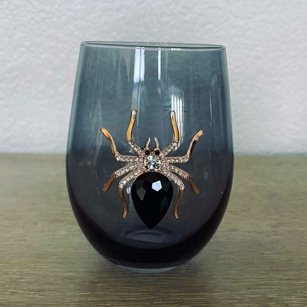 Spider Black Jeweled Stemless Wine Glass
